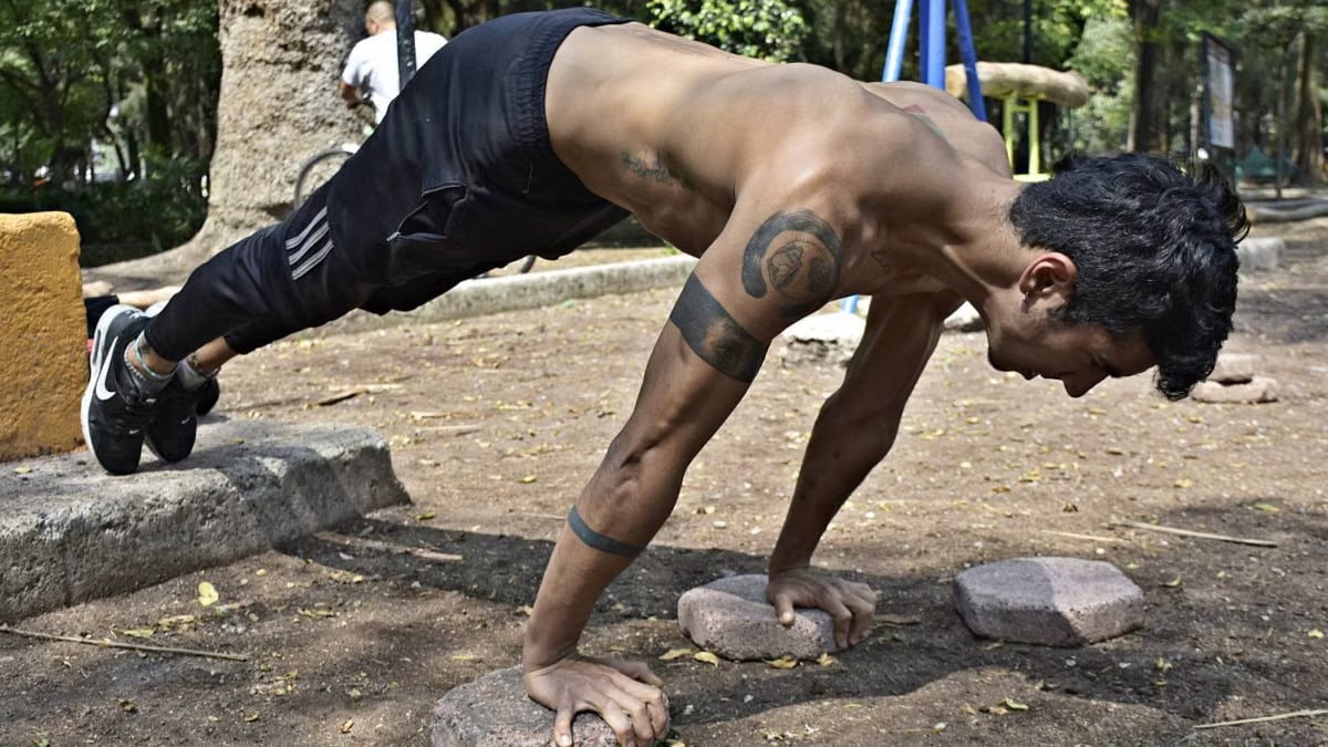 Athletic man performing elevated push-ups on rocks in a park setting.
